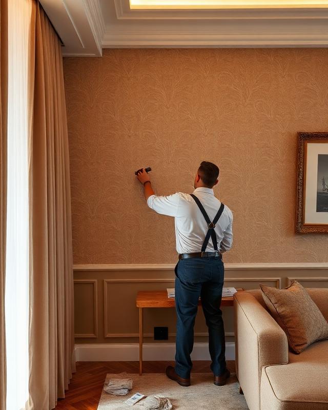 Profissional instalando papel de parede